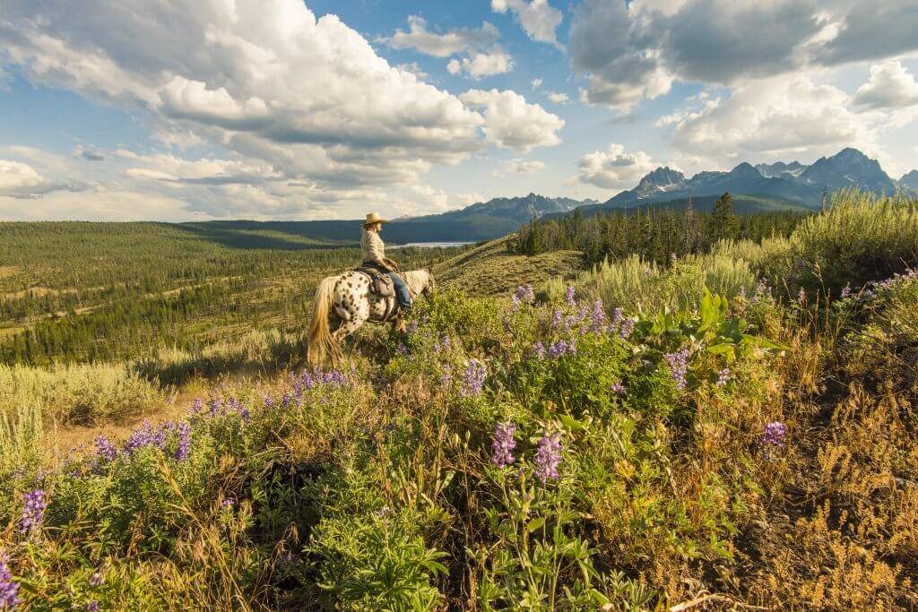 A woman rides horseback through wildflowers while overlooking Redfish Lake in the Sawtooth Mountains.