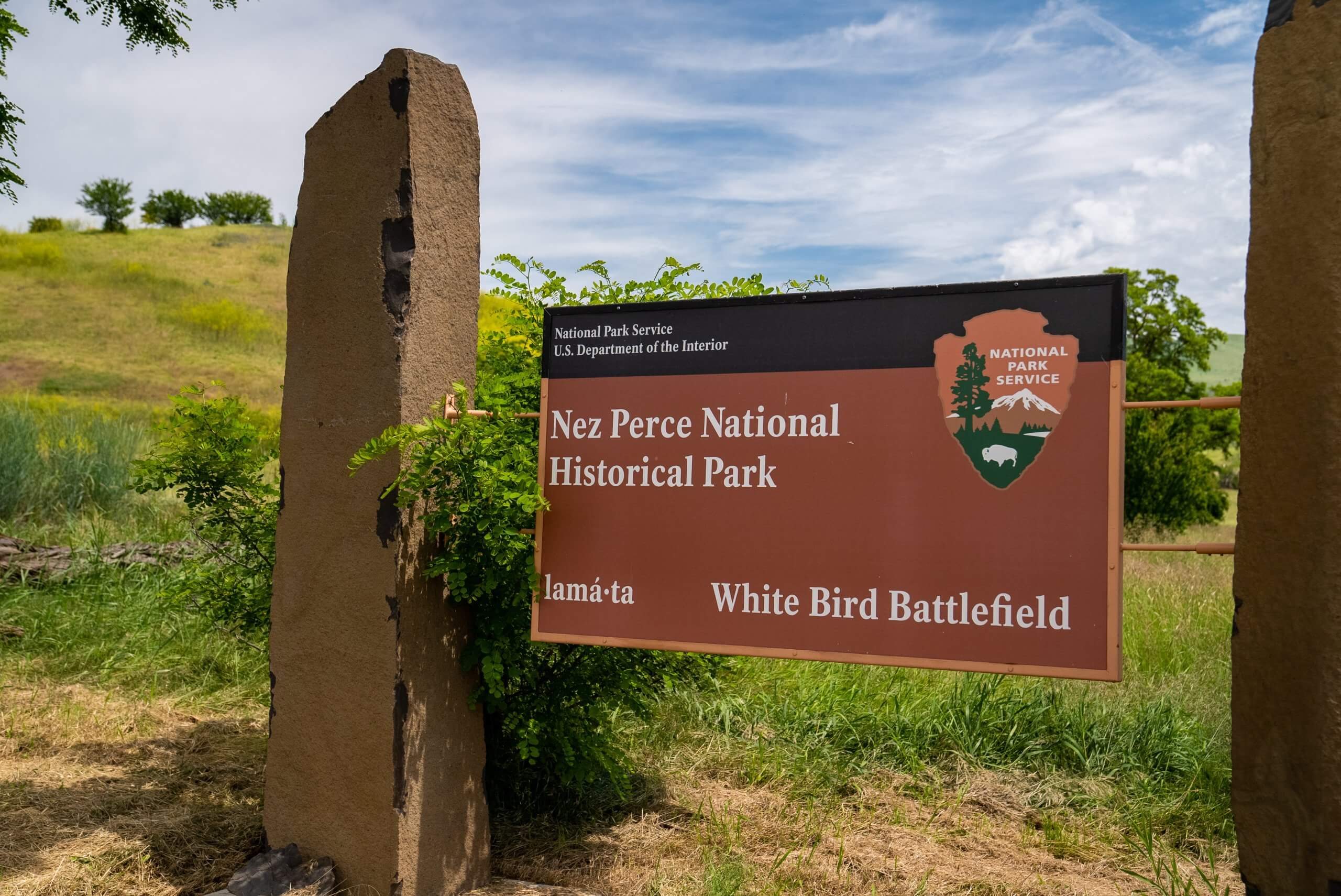 Signage marking the entrance to the White Bird Battlefield in Nez Perce National Historical Park.