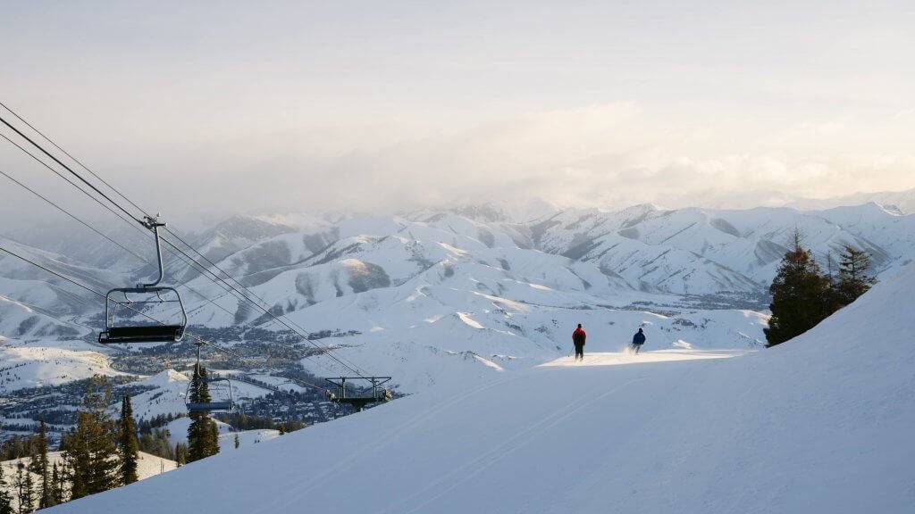 wide mountain shot of people skiing