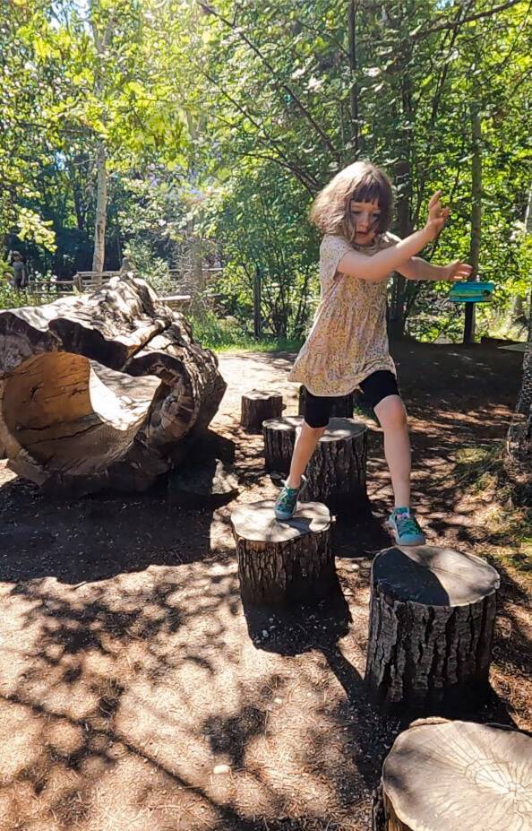 little girl jumping across stumps