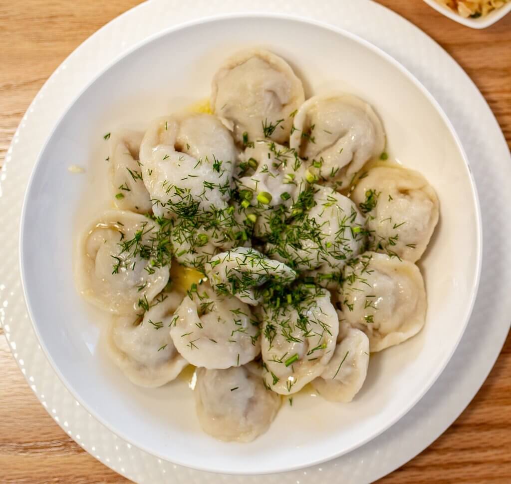 Russian dish with pelmeni dumplings