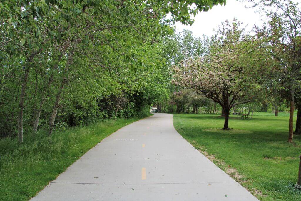 paved path with green grass on each side and lots of trees on sides