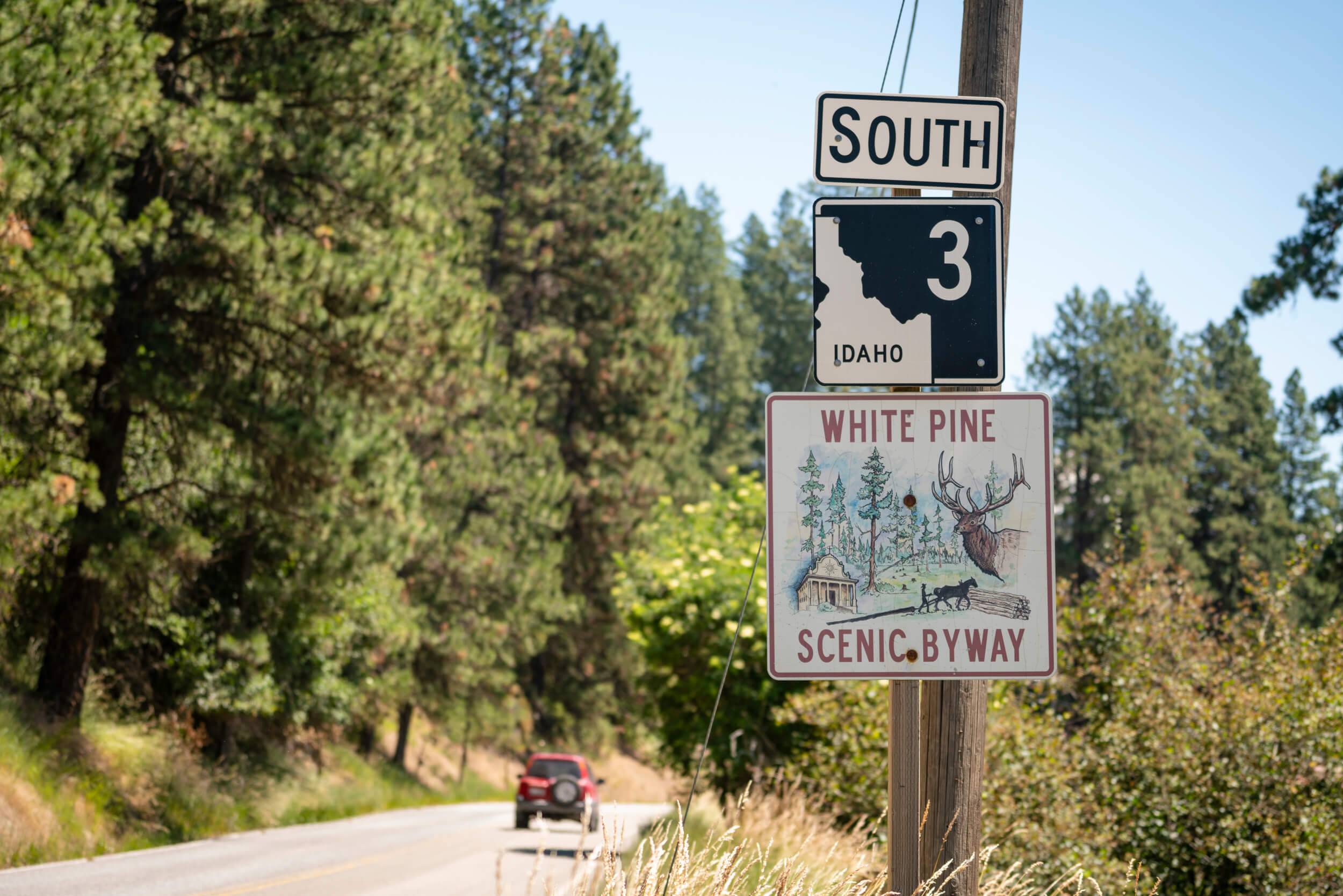 A road sign read for White Pine Scenic Byway.