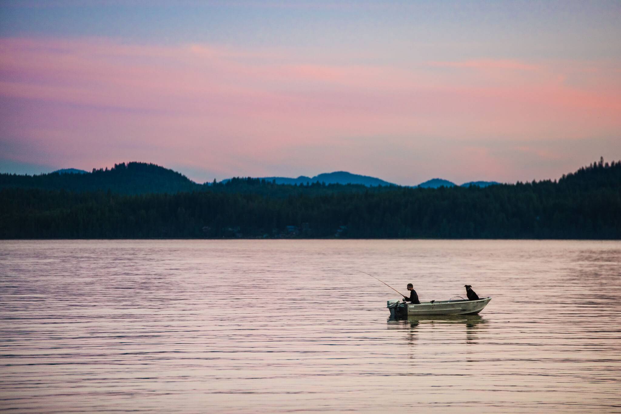a person and a dog sit in a boat at sunset, fishing.