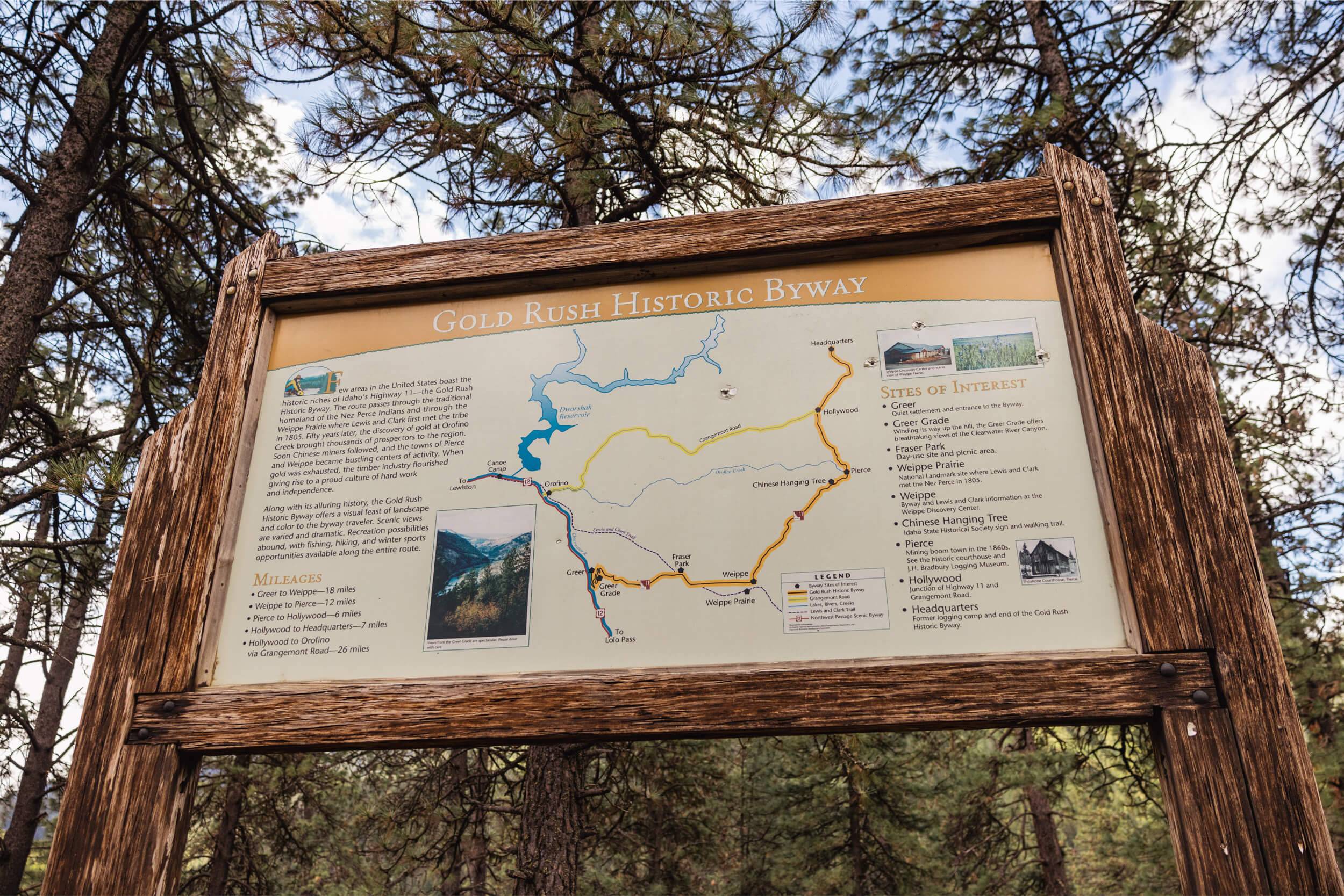 A wooden sign for Gold Rush Historic Byway.