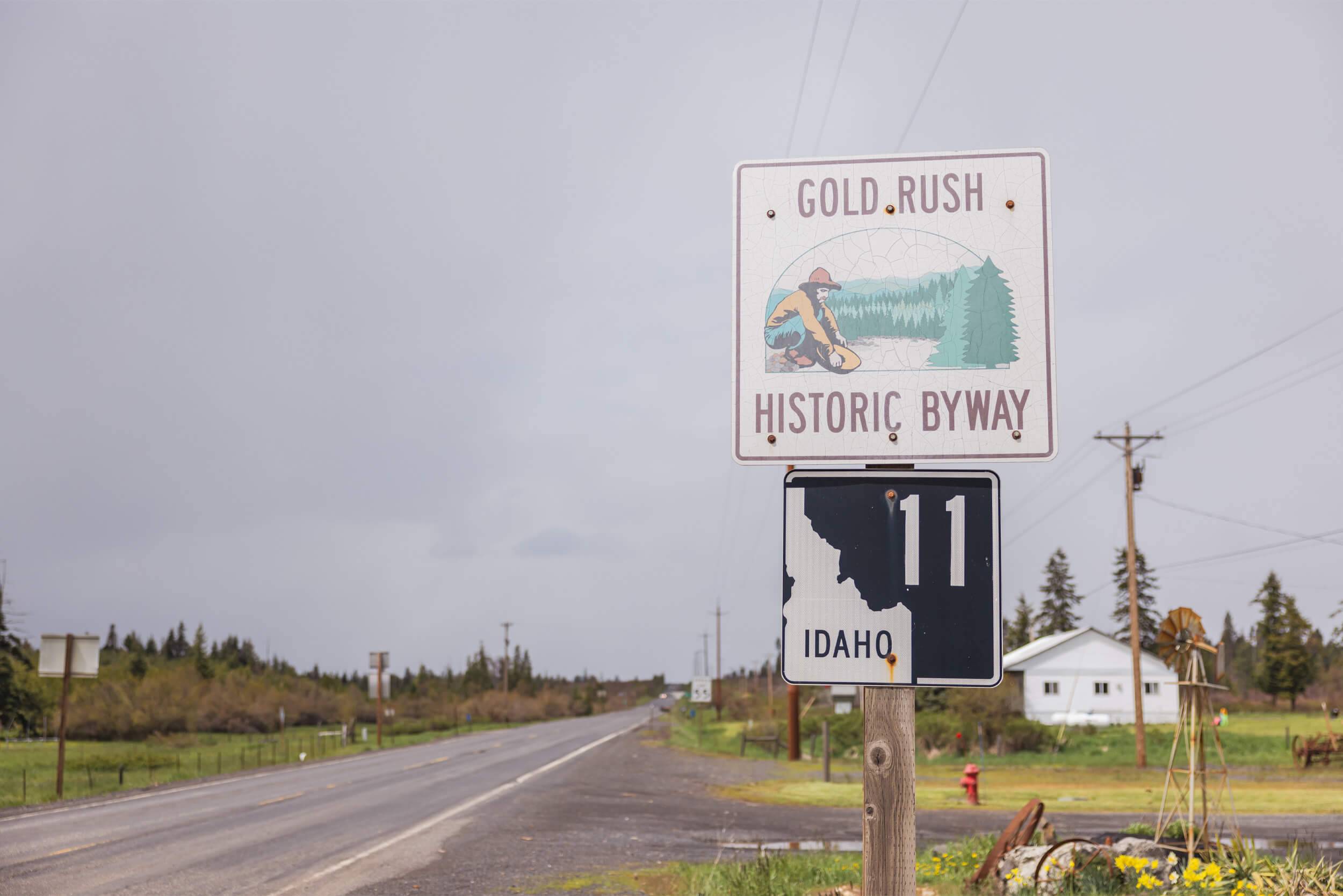A roadside sign for Gold Rush Historic Byway.