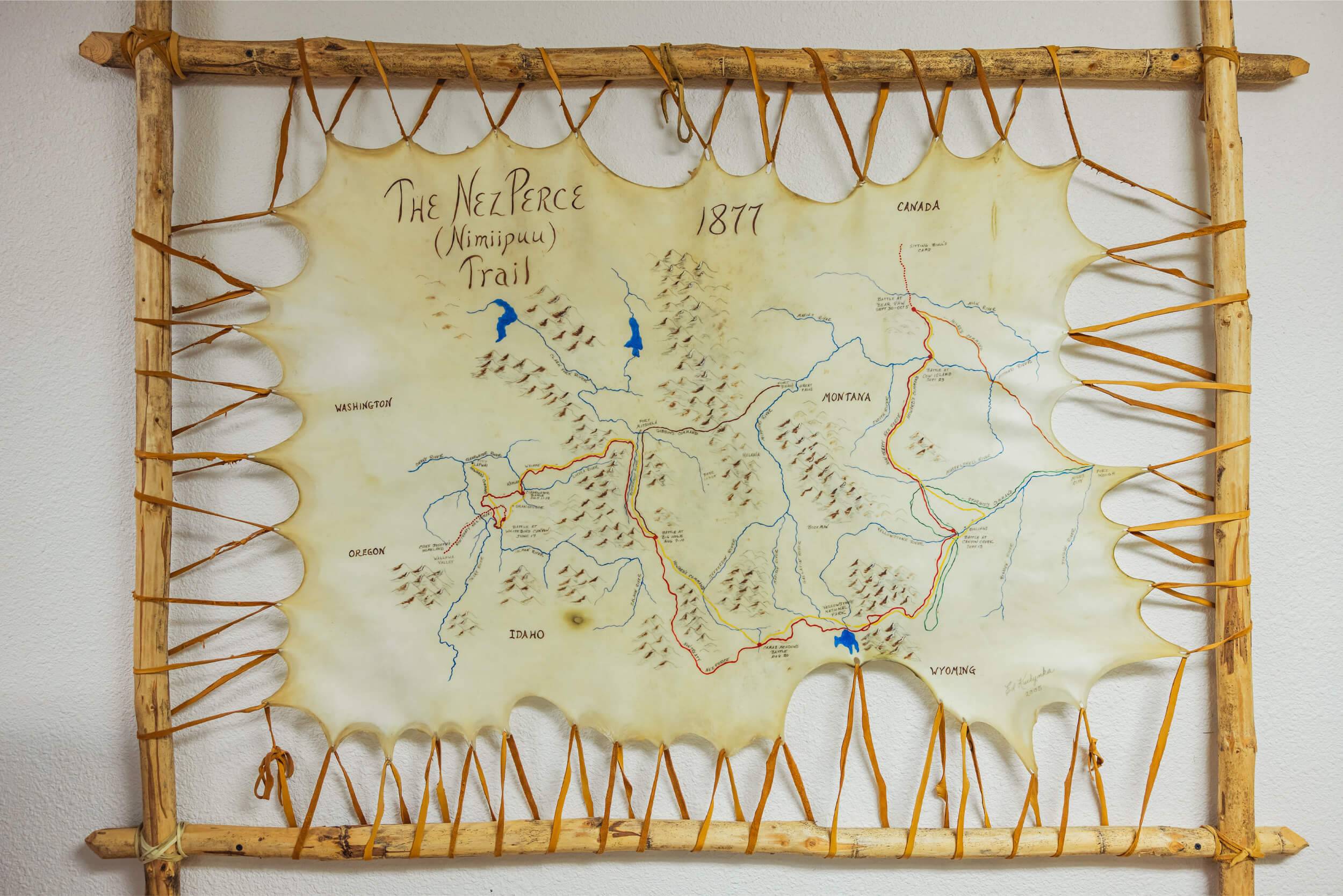 A map of the Nez Perce Trail made from animal hide.