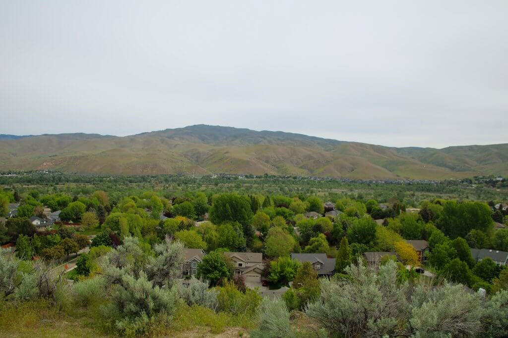 A wide scenic view of the Boise Foothills rising over the city of Boise, with numerous trees sprinkled throughout the valley.