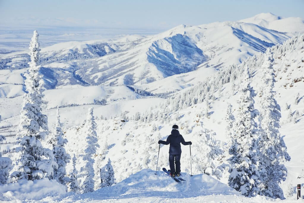 A person on skis standing at a scenic overlook at Pebble Creek Ski Area, with a landscape of snow-covered terrain, trees and mountains before them.