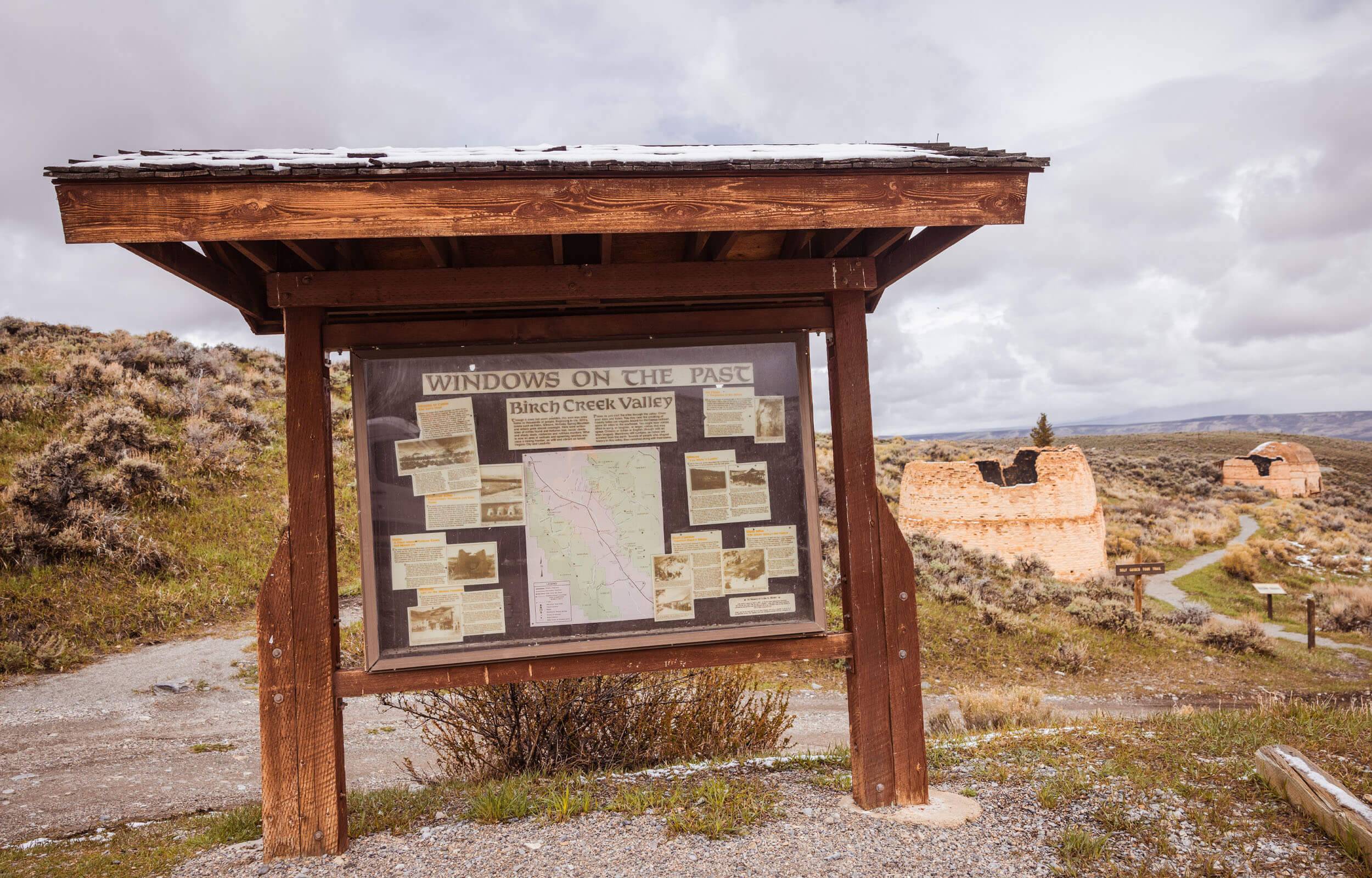 An interpretive trail sign at Charcoal Kilns Interpretive Site.