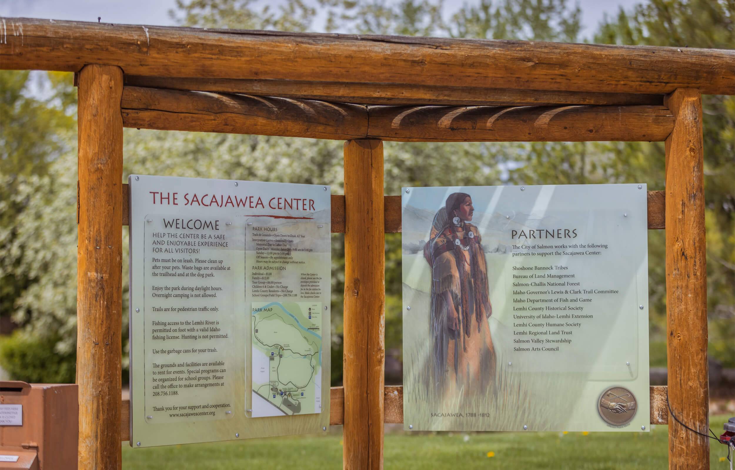 Closeup view of interpetive trail signs at the Sacajawea Interpretive, Cultural, and Educational Center.