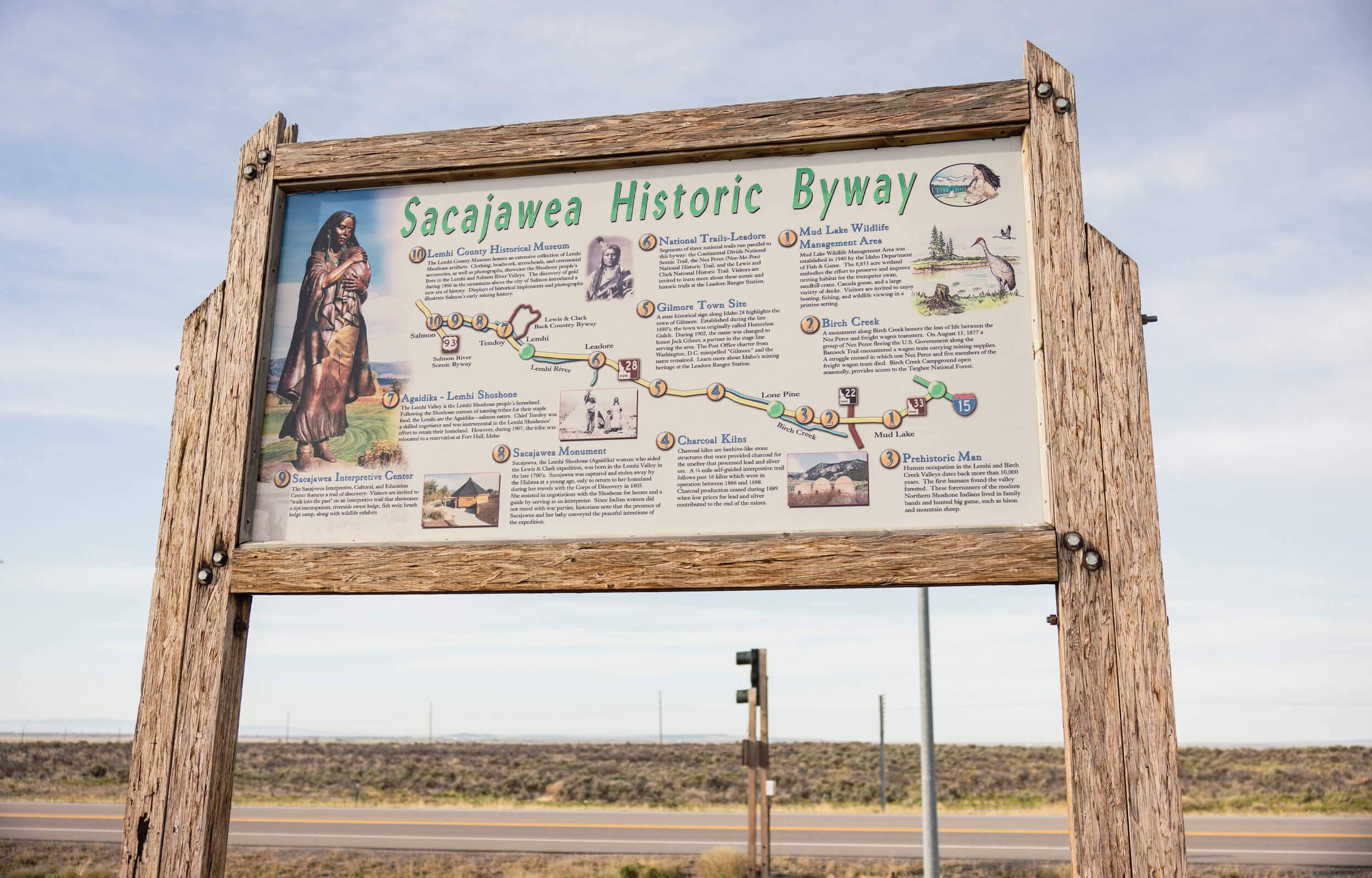 View of a Sacajawea Historic Byway interpretive trail sign.