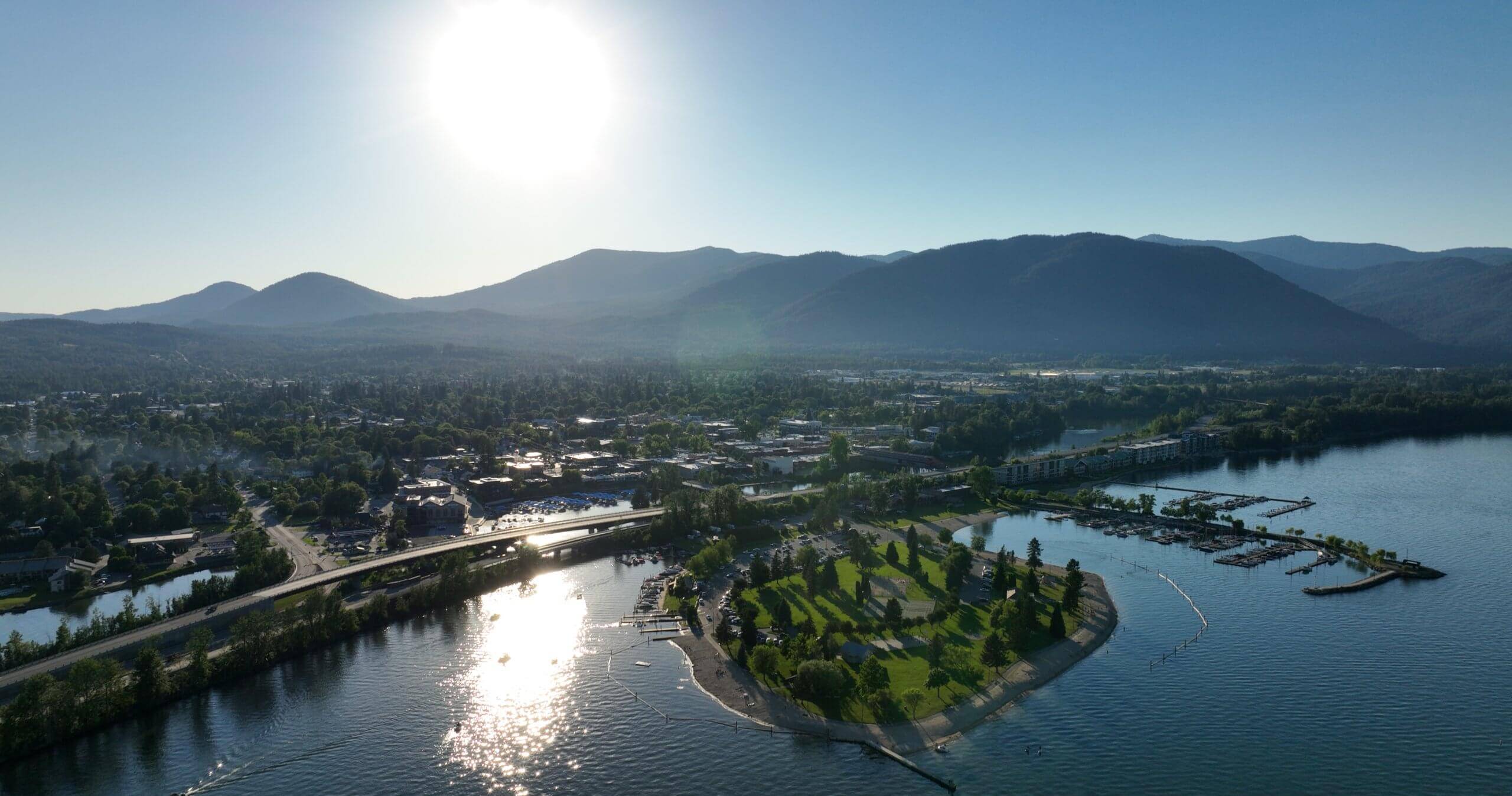 An aerial shot of Sandpoint on Lake Pend Oreille.