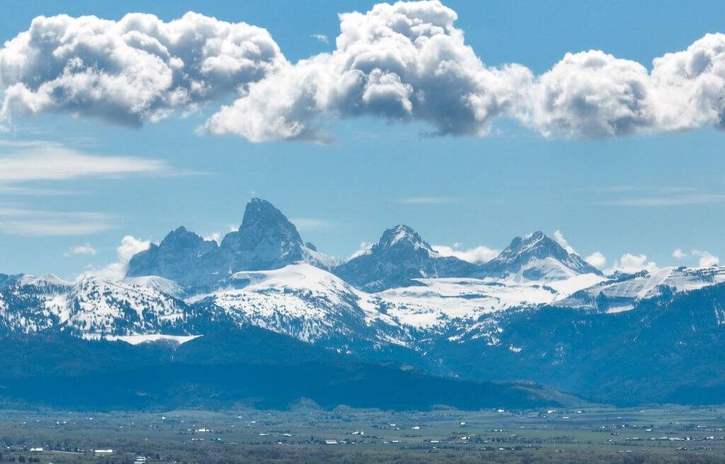 View of Teton Mountains over Driggs, Idaho.