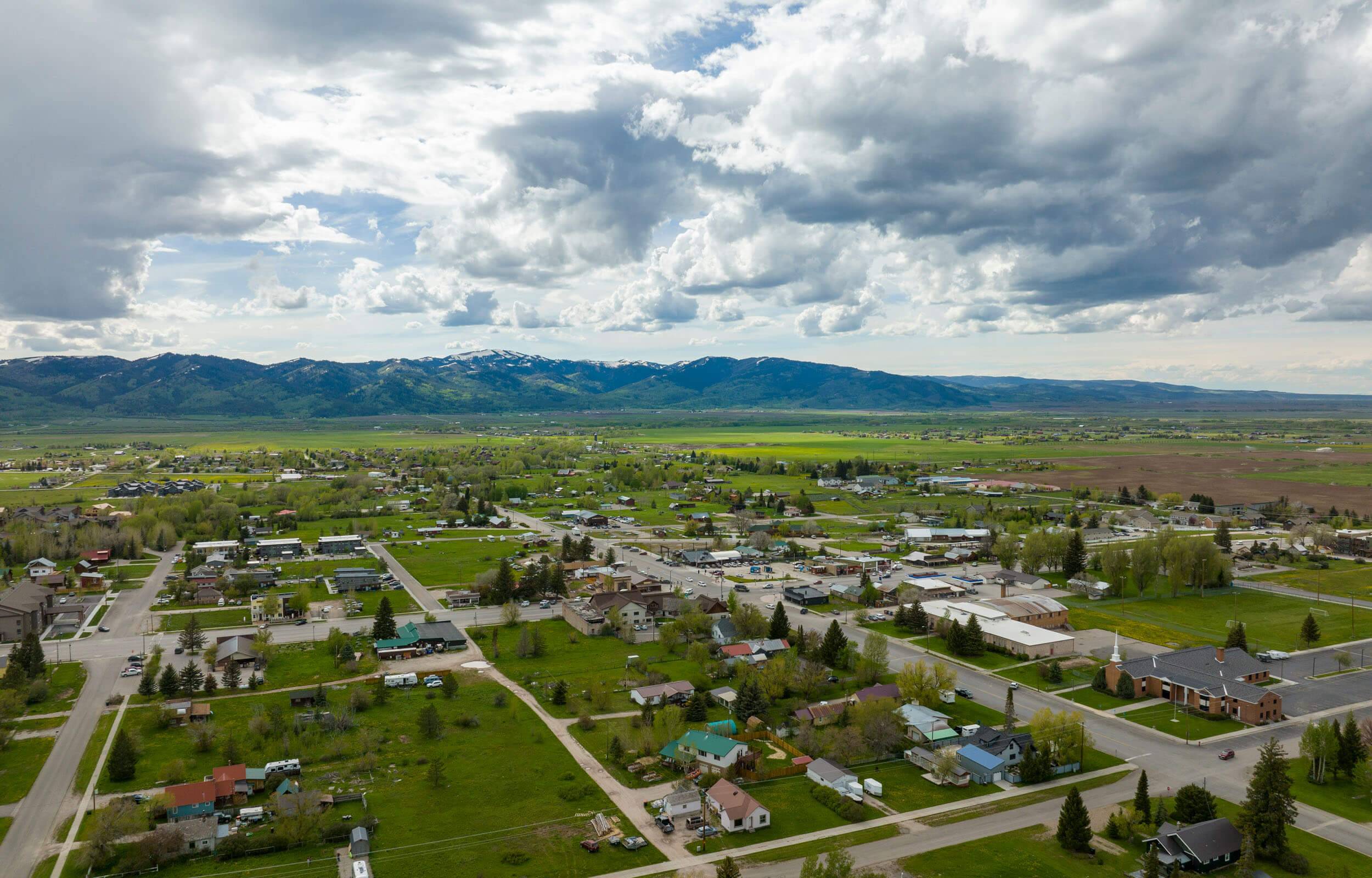 Aerial view of the town of Victor, Idaho.