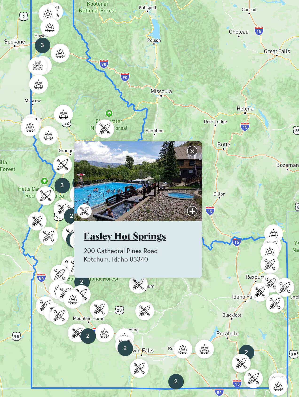 An Idaho hot springs map showing the location of Easley Hot Springs.