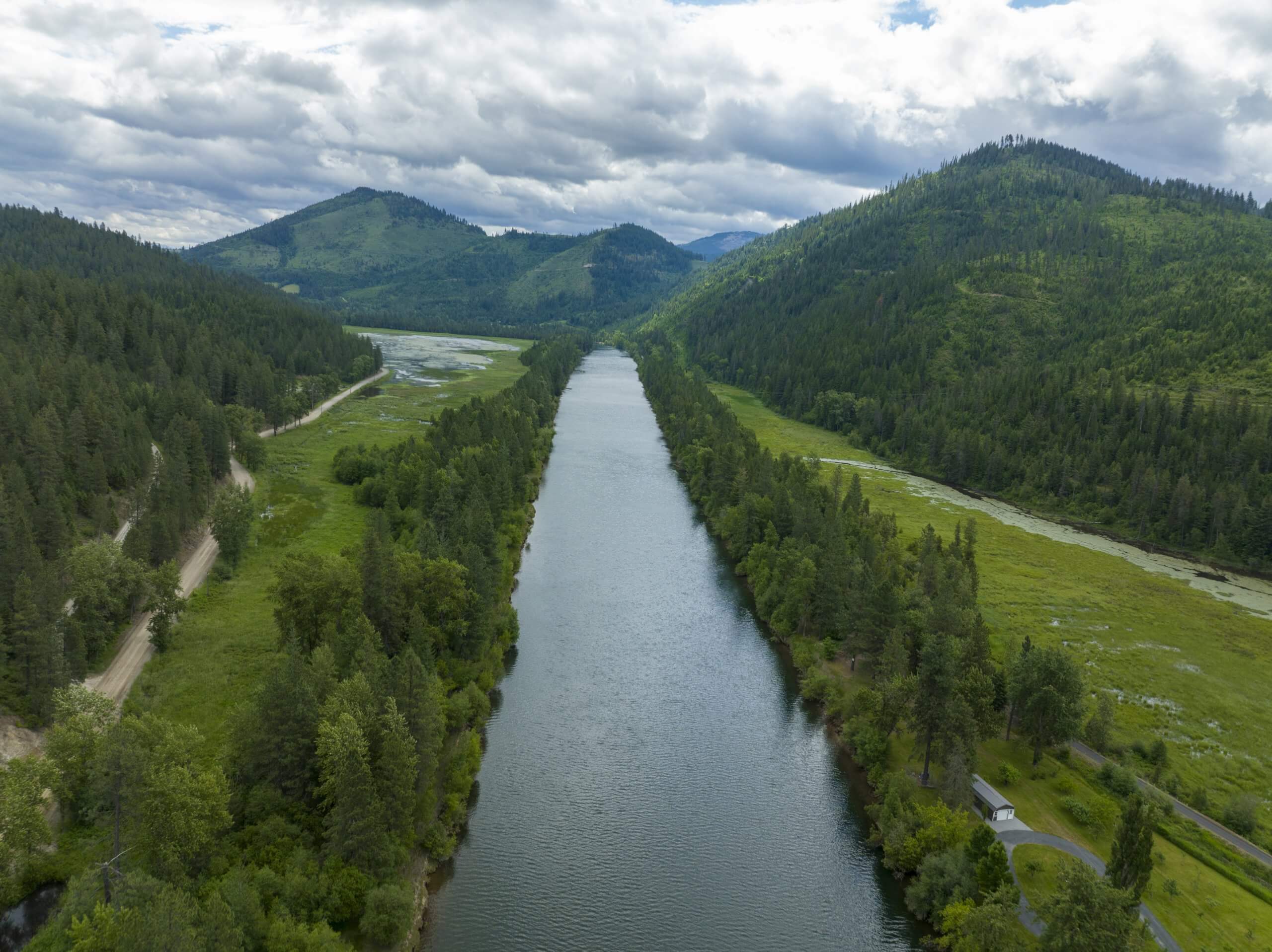 An aerial view of the Coeur d'Alene River.