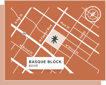 Map of downtown Boise showing the location of the Boise Basque Block.
