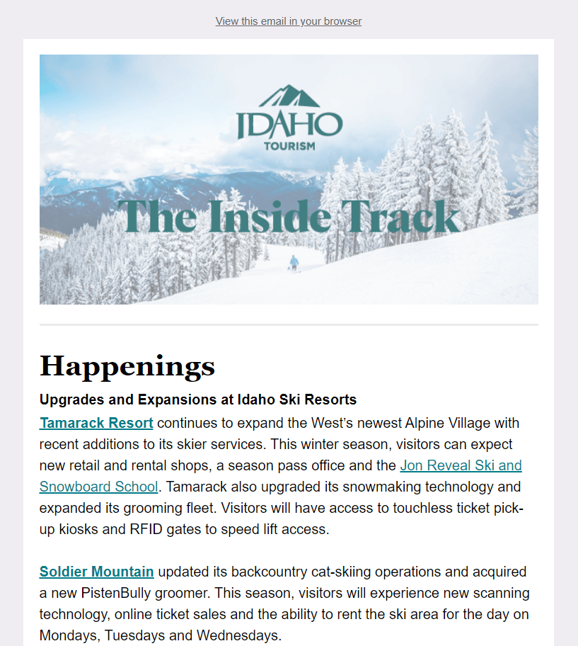newsletter example from Visit Idaho
