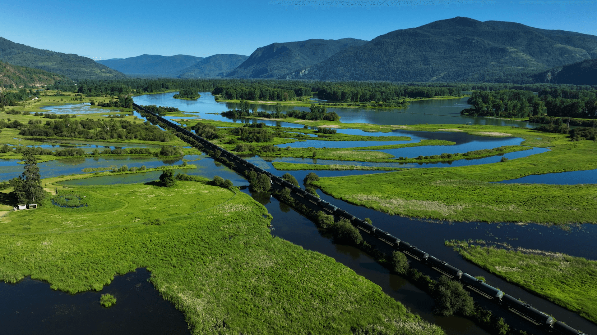 Aerial view of grassy wetlands near Pend Oreille Wildlife Management Area.